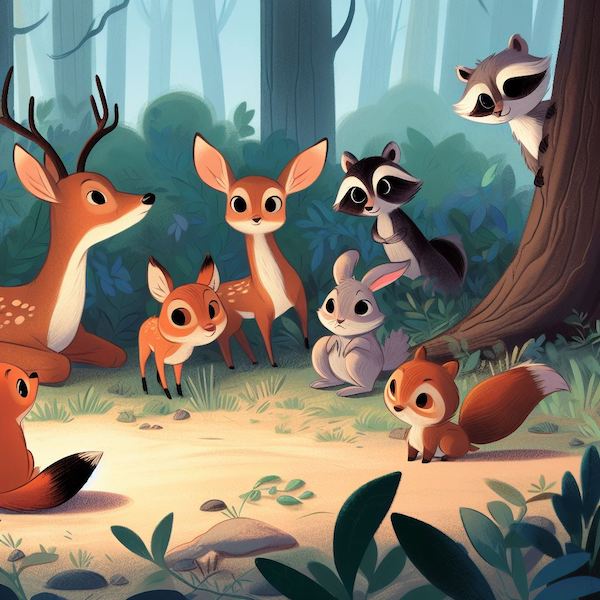 There in the clearing was a deer, a raccoon, a squirrel, a rabbit, and a fox. They all stared at him with curiosity and suspicion.