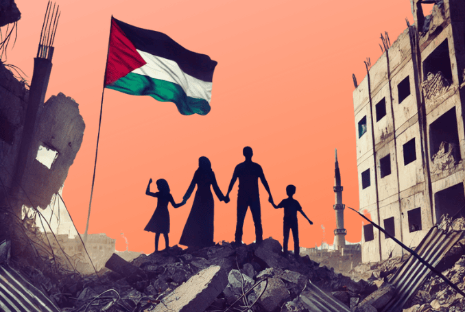 Palestinians stand united amid the rubble in Gaza, symbolizing resilience and hope. (Design, Palestine Chronicle)
